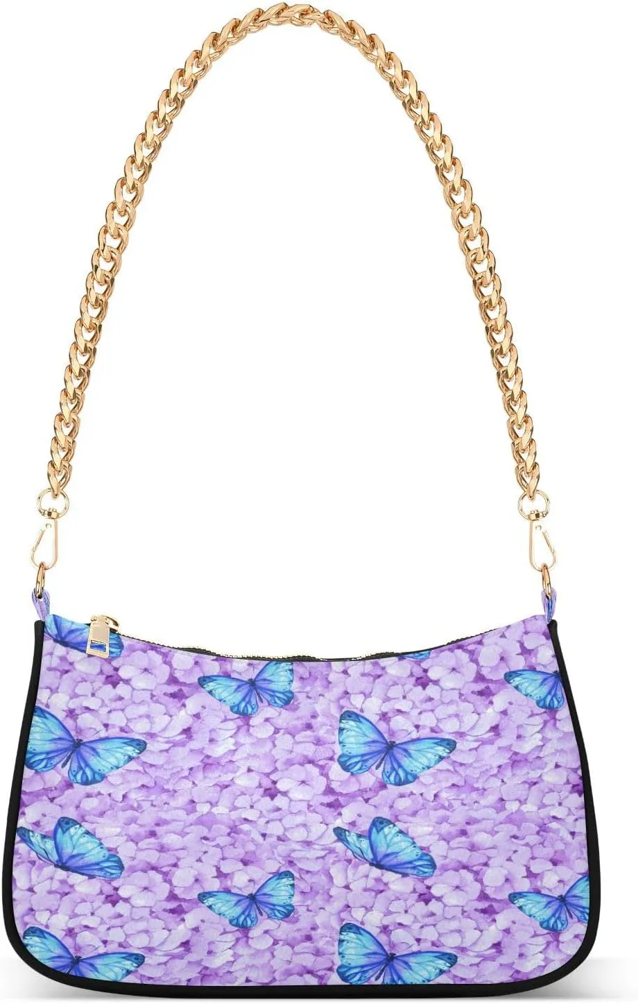 Purple Hydrangea Butterfly Womens Shoulder Bag for Women Girls Hobo Tote Handbag Gold Chain Crossbody Bag with Zipper Clutch Purse Handbags