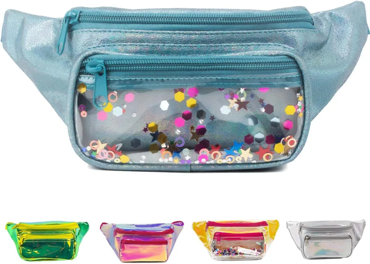 PYFK Holographic Fanny Pack Fashion Festival Waist Bag for Women Girls Shiny Bag with Adjustable Belt for Traveling, Party, Rave