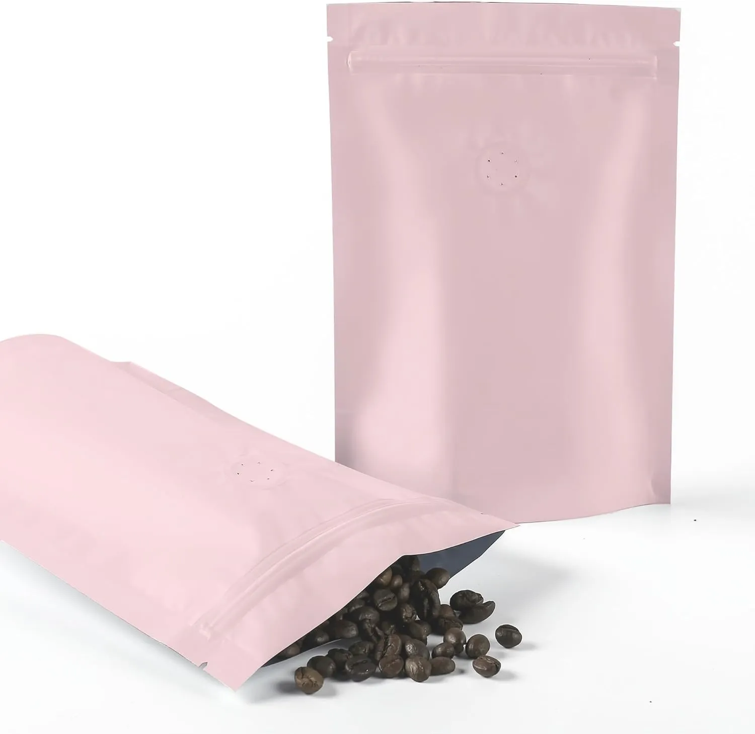 QQ Studio Pink Foil Coffee Packaging Bags with Zipper Seal and Degassing Valve for Coffee Beans Packaging Pouch (250, 4oz)