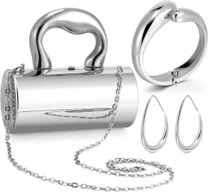 Quelay 3 Pcs Clutch Purse Jewelry Set for women Evening Prom Purses Metallic Handbag jewelry accessories Bracelet Earrings for Formal Wedding Banquet Retro