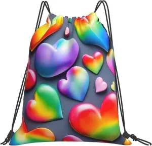 Rainbow-Colored Love Hearts Unisex Simple Leisure Drawstring Bag,Gym Drawstring Bags,Outdoor Portable Backpack Storage Bags