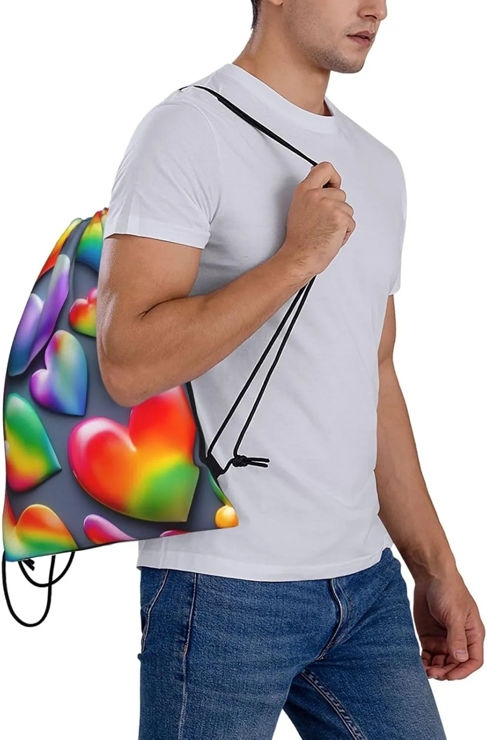 Rainbow-Colored Love Hearts Unisex Simple Leisure Drawstring Bag,Gym Drawstring Bags,Outdoor Portable Backpack Storage Bags