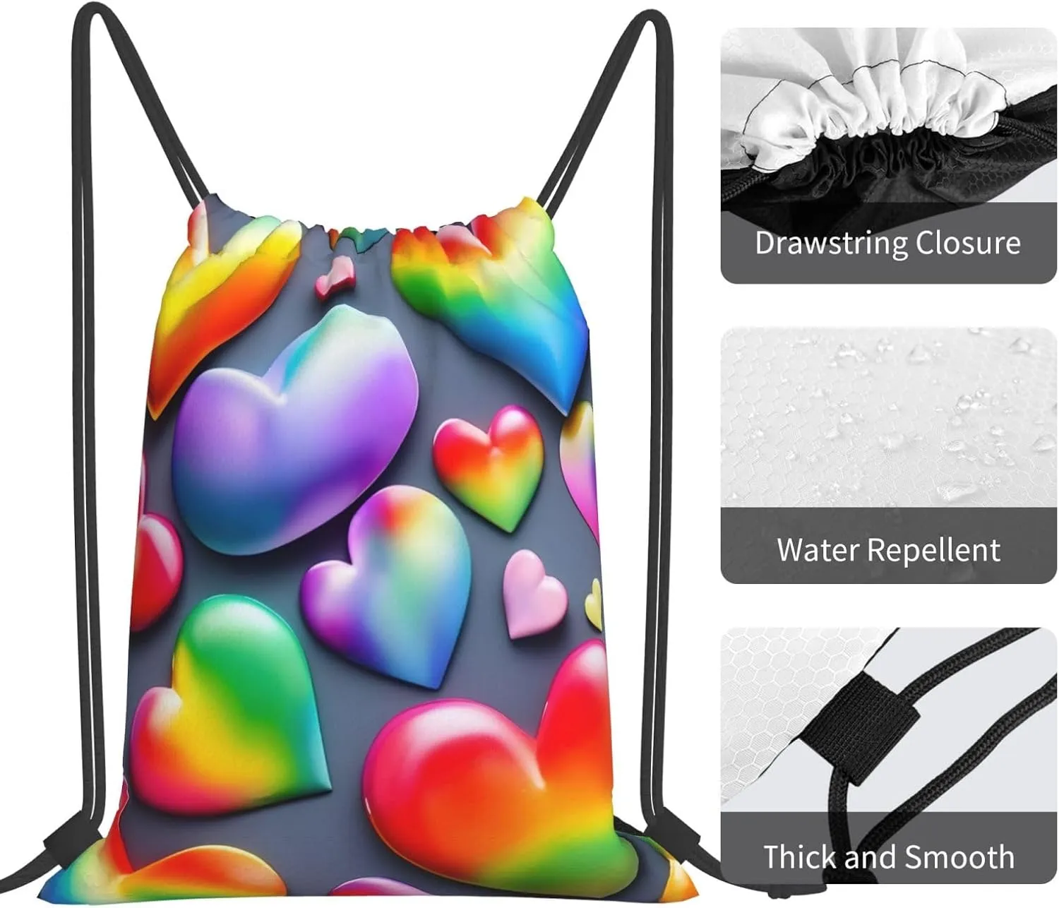 Rainbow-Colored Love Hearts Unisex Simple Leisure Drawstring Bag,Gym Drawstring Bags,Outdoor Portable Backpack Storage Bags