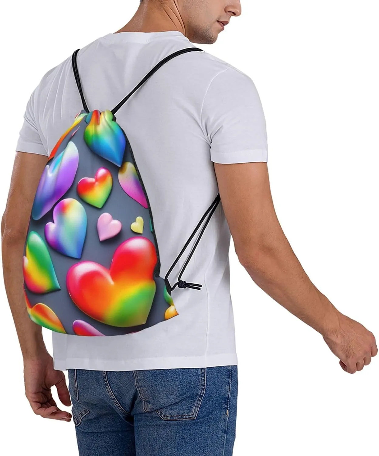 Rainbow-Colored Love Hearts Unisex Simple Leisure Drawstring Bag,Gym Drawstring Bags,Outdoor Portable Backpack Storage Bags