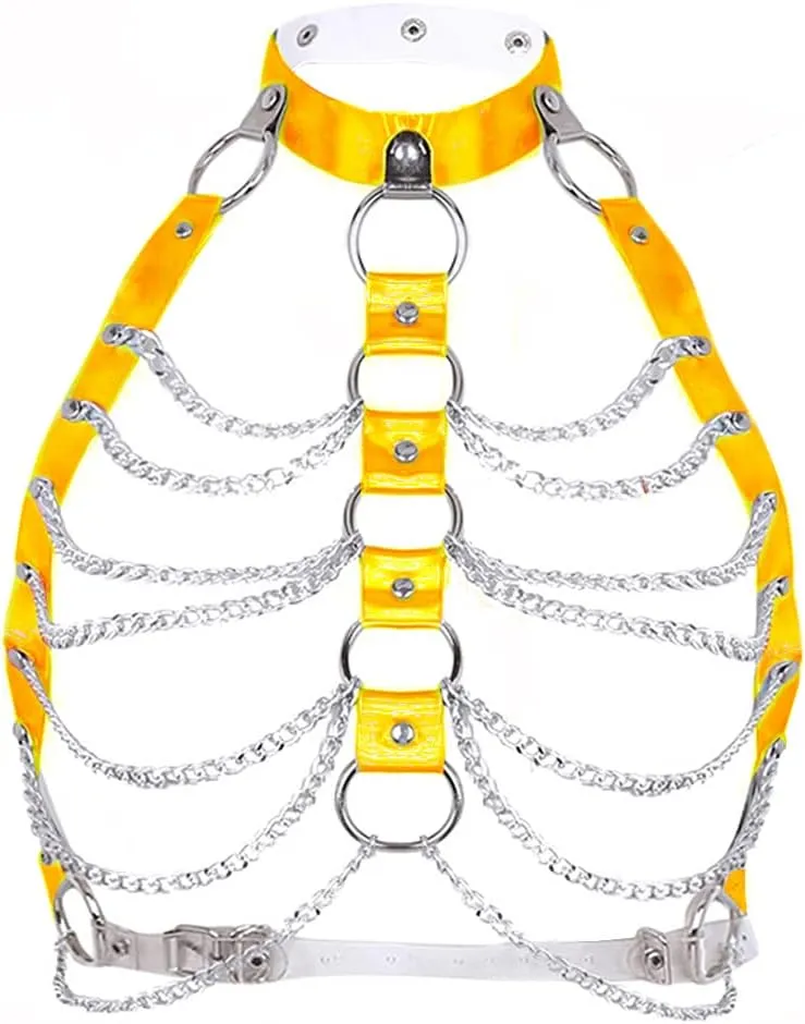 Rave Hologram Body Chest Harness Cage Bra Choker Chain Belts Body Costume with Pasties for Music Festival Roleplay Clubwear