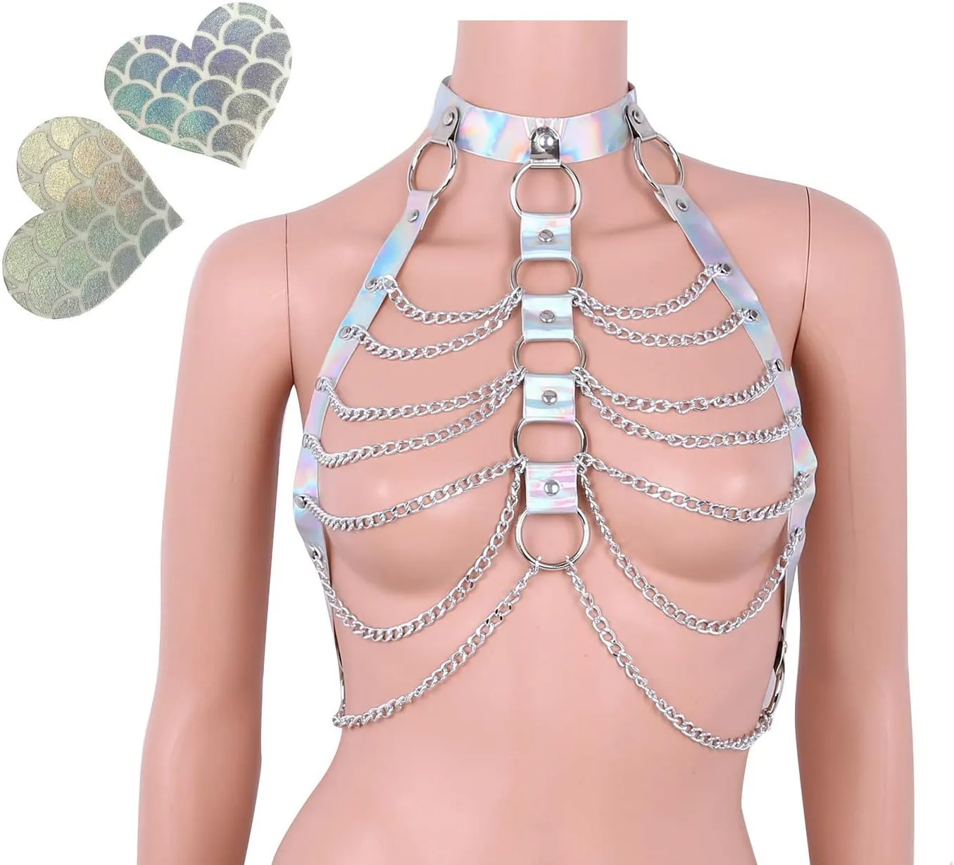 Rave Hologram Body Chest Harness Cage Bra Choker Chain Belts Body Costume with Pasties for Music Festival Roleplay Clubwear