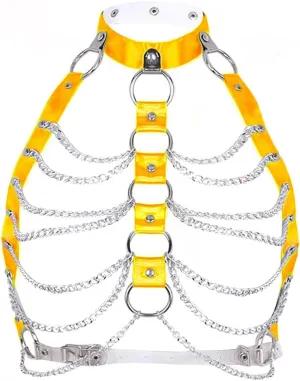 Rave Hologram Body Chest Harness Cage Bra Choker Chain Belts Body Costume with Pasties for Music Festival Roleplay Clubwear