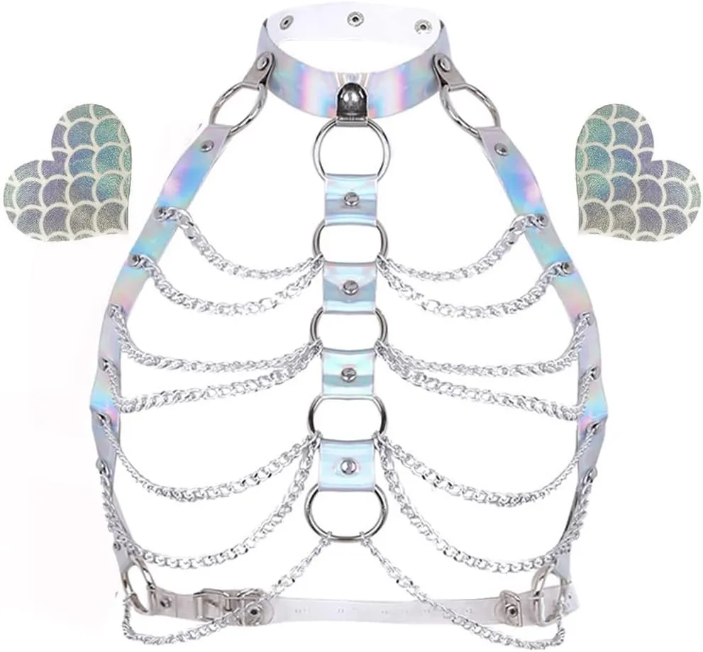 Rave Hologram Body Chest Harness Cage Bra Choker Chain Belts Body Costume with Pasties for Music Festival Roleplay Clubwear