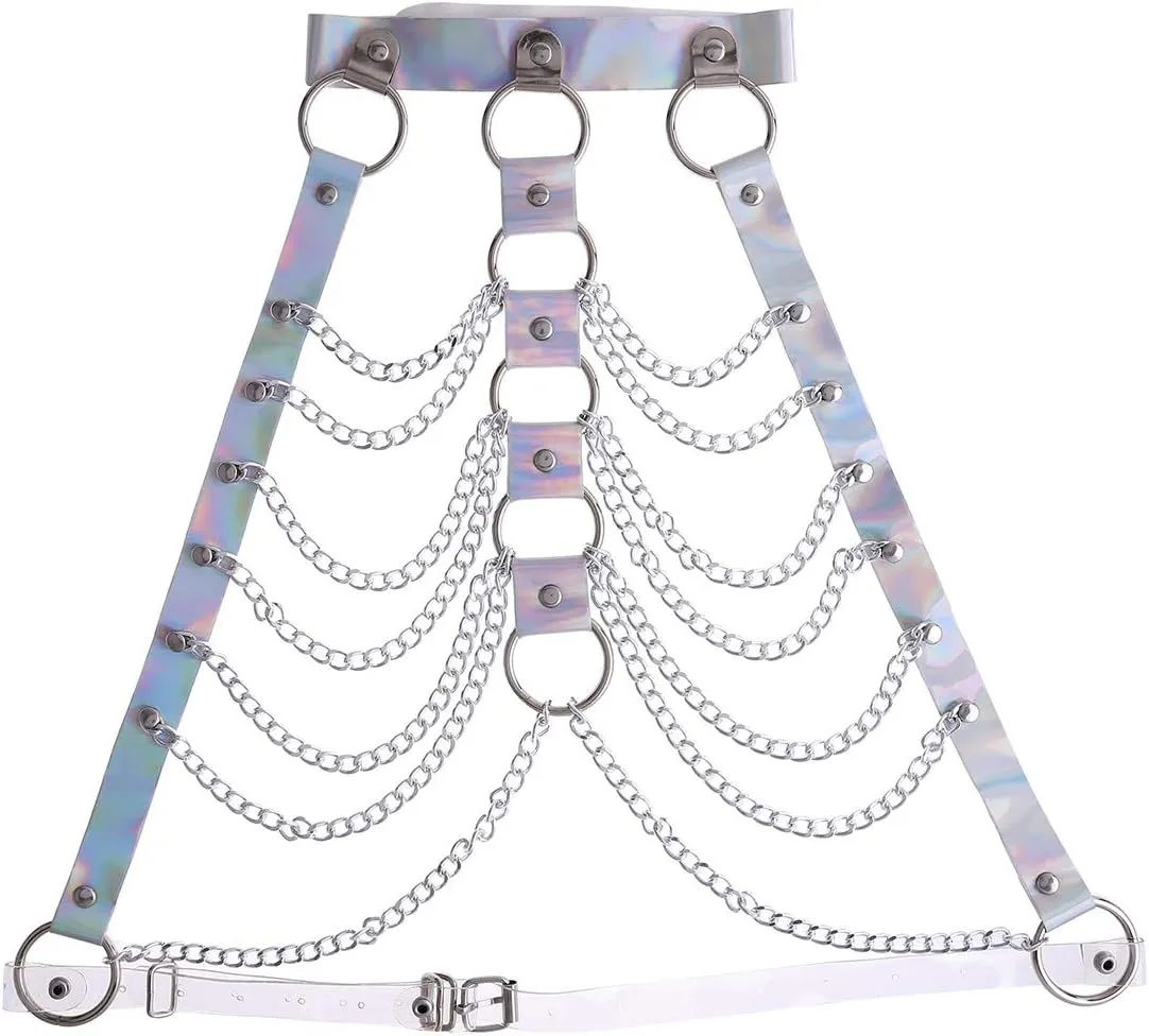 Rave Hologram Body Chest Harness Cage Bra Choker Chain Belts Body Costume with Pasties for Music Festival Roleplay Clubwear