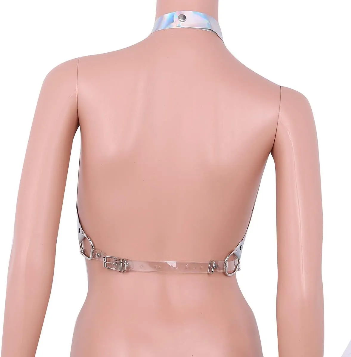 Rave Hologram Body Chest Harness Cage Bra Choker Chain Belts Body Costume with Pasties for Music Festival Roleplay Clubwear