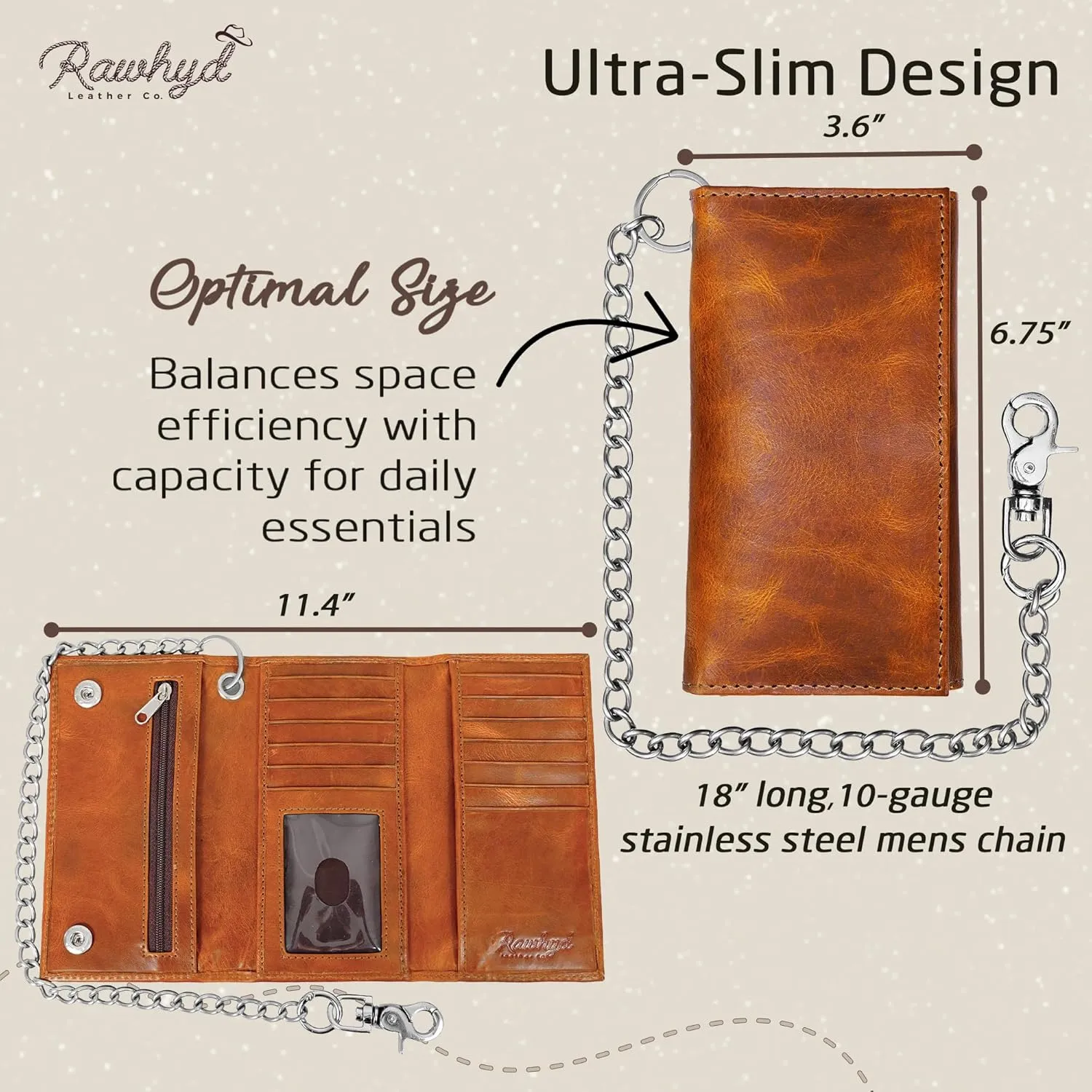 RAW HYD Full-Grain Leather Long Wallet for Men - Classic Bifold Western Wallet for Men - Minimalist Cowboy Wallets for Men - Rodeo wallets for men - Checkbook Cover & Gift for Him