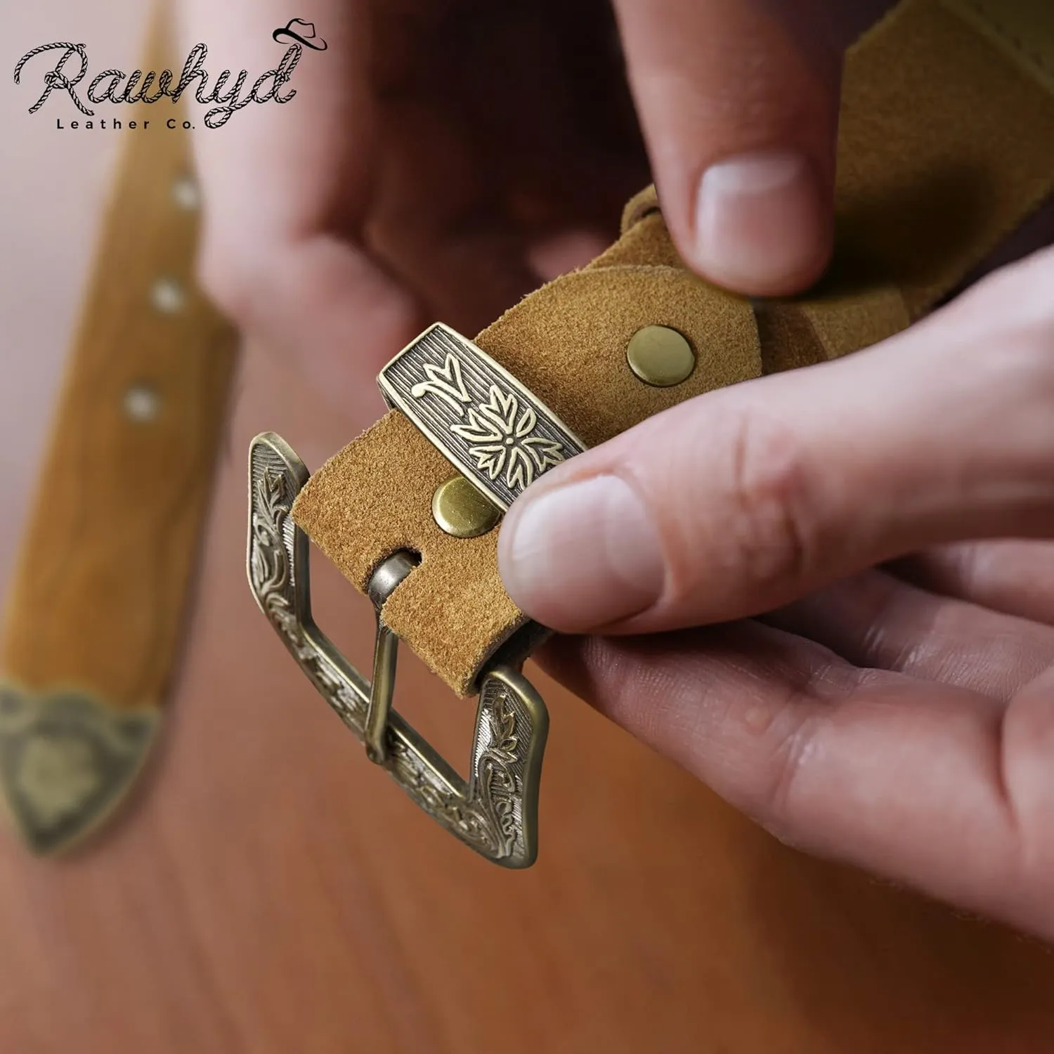 RAW HYD Leather Western Belts for Men - Cowboy Belts for Men - Mens Western Belt w/Embossed Buckle - 1.5" Wide Cowboy Belt