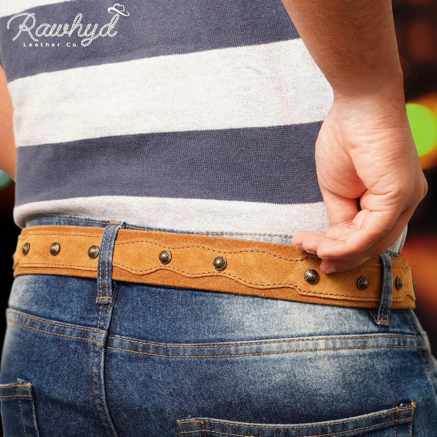 RAW HYD Leather Western Belts for Men - Cowboy Belts for Men - Mens Western Belt w/Embossed Buckle - 1.5" Wide Cowboy Belt