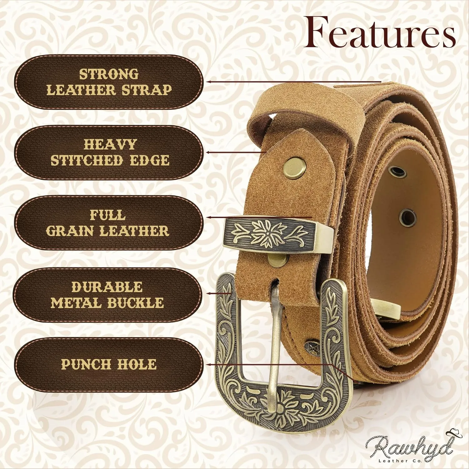 RAW HYD Leather Western Belts for Men - Cowboy Belts for Men - Mens Western Belt w/Embossed Buckle - 1.5" Wide Cowboy Belt