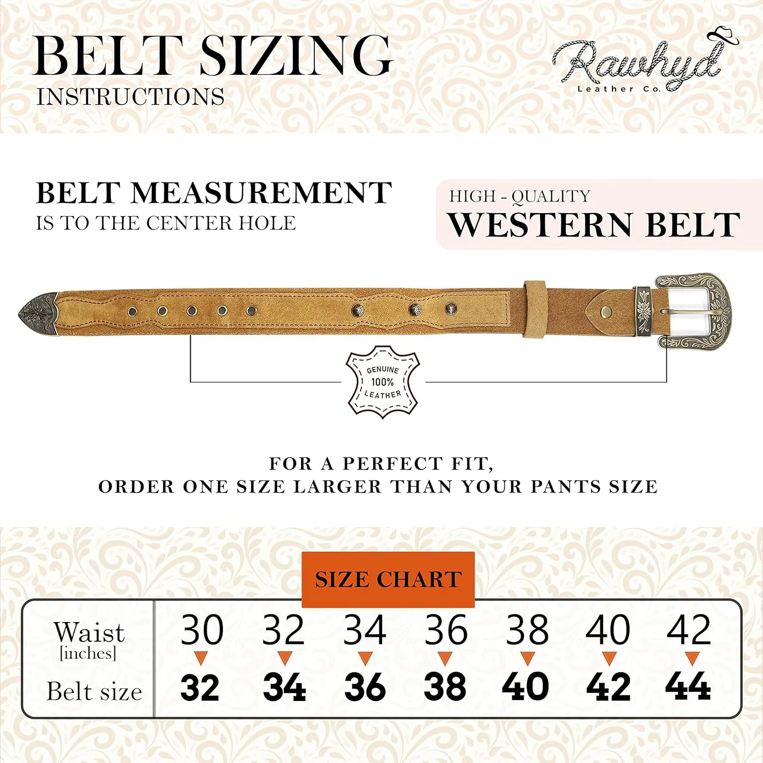 RAW HYD Leather Western Belts for Men - Cowboy Belts for Men - Mens Western Belt w/Embossed Buckle - 1.5" Wide Cowboy Belt