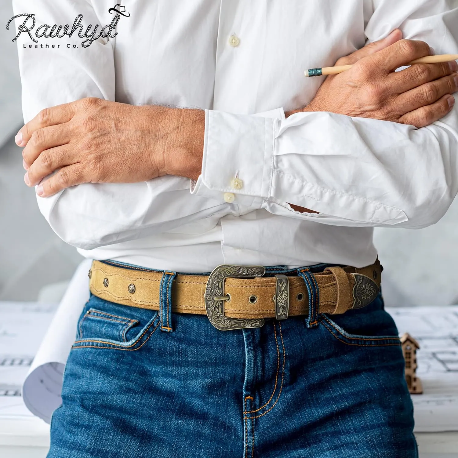 RAW HYD Leather Western Belts for Men - Cowboy Belts for Men - Mens Western Belt w/Embossed Buckle - 1.5" Wide Cowboy Belt