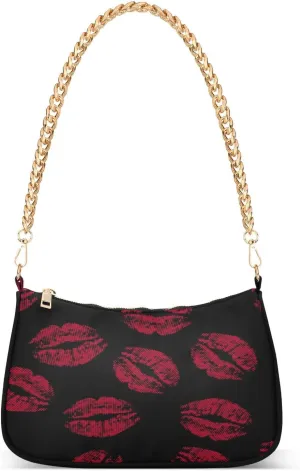 Red Lips Shoulder Handbags for Women Travel Hobo Tote Handbag Women Gold Chain Shoulder Bags Purse with Zipper Closure