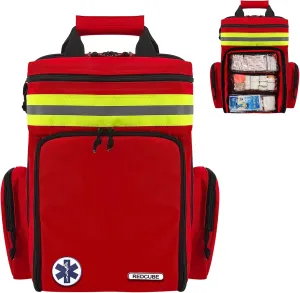 REDCUBE First Aid Backpack,Emergency Medical Backpack Empty, Survival Essentials Trauma Kit Bag First Responder Carrier for EMT, Paramedics, Red