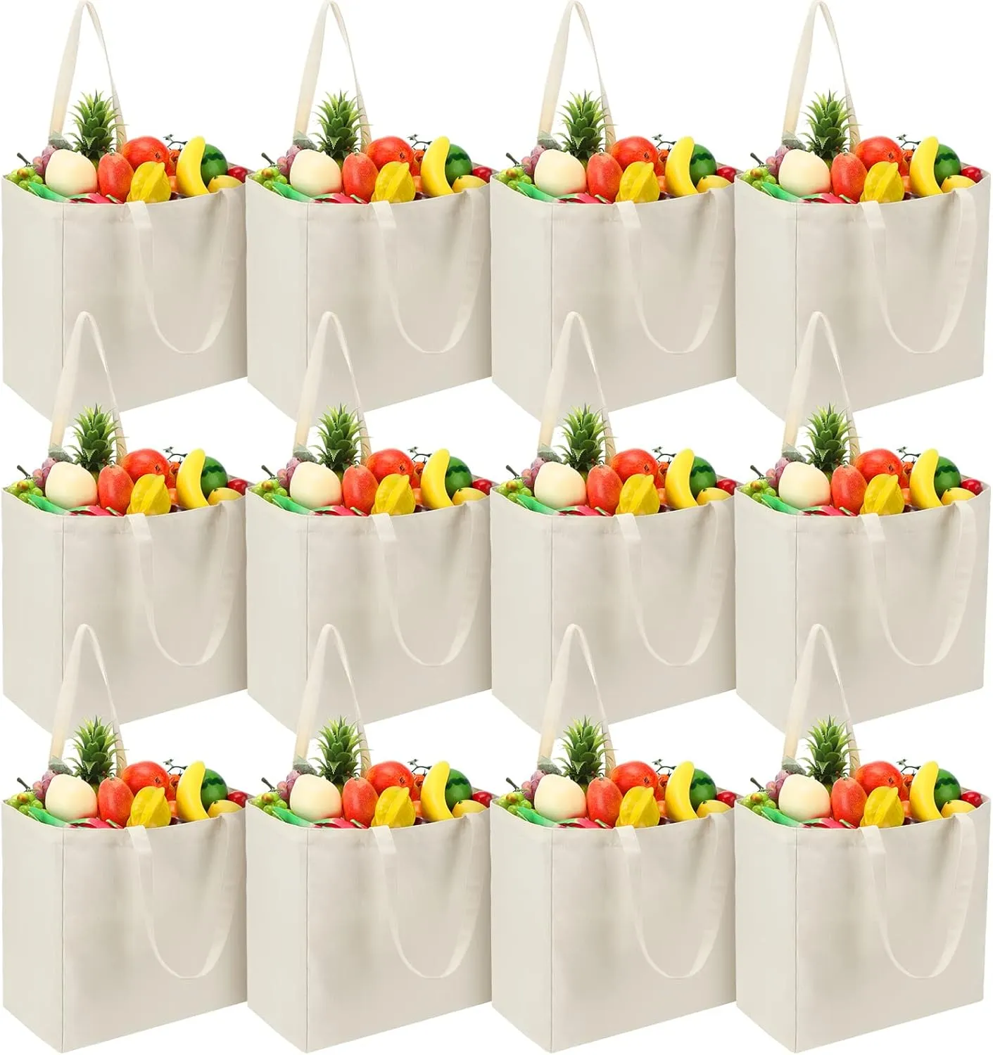 Reginary 12 Pack Canvas Grocery Bag Large Blank Shopping Tote Bags Reusable Pouches Bulk with Handle, 14 x 14 x 7.9''