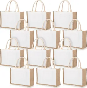 Reginary 12 Pieces Burlap Tote Bags, White and Jute Tote with Handles Blank Large Reusable Grocery Bag Water Resistant for Bridesmaid Gift Shopping DIY, 14.5 x 10.2 x 6.6 Inches