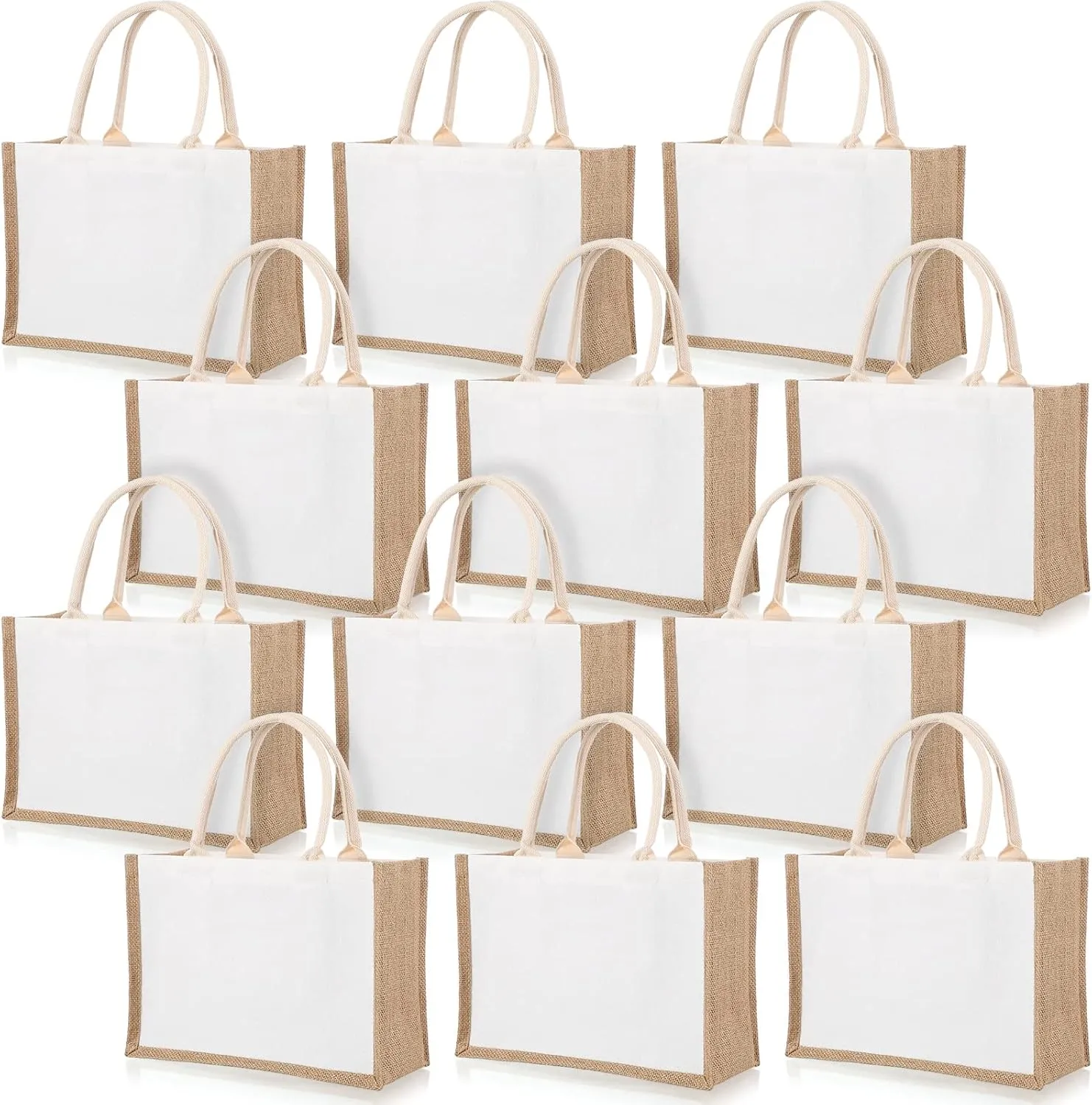 Reginary 12 Pieces Burlap Tote Bags, White and Jute Tote with Handles Blank Large Reusable Grocery Bag Water Resistant for Bridesmaid Gift Shopping DIY, 14.5 x 10.2 x 6.6 Inches