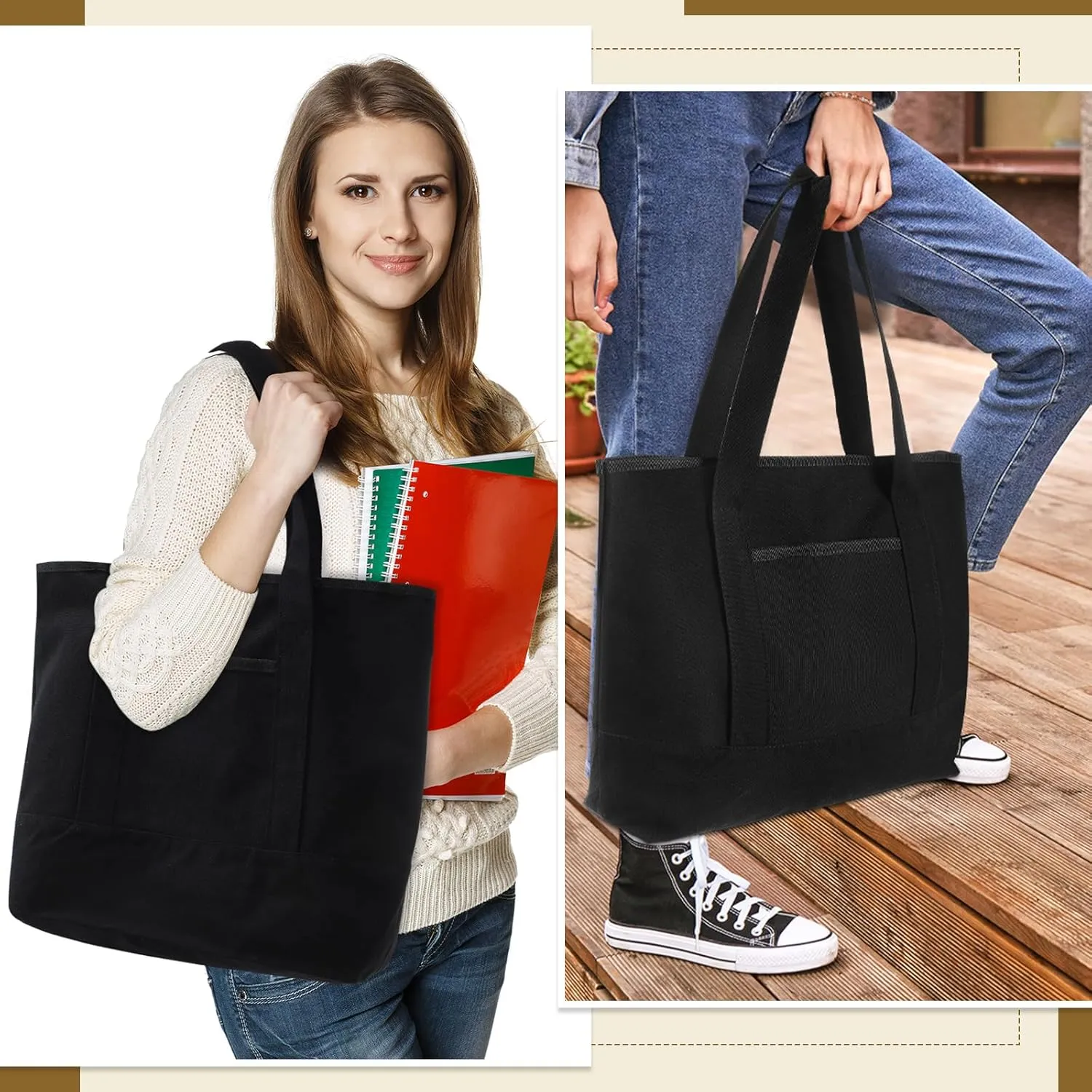 Reginary 16 Pcs Canvas Tote Bags Bulk with Outer Pocket 18 Inch Reusable Shopping Grocery Blank Tote Bag for Women Mother DIY