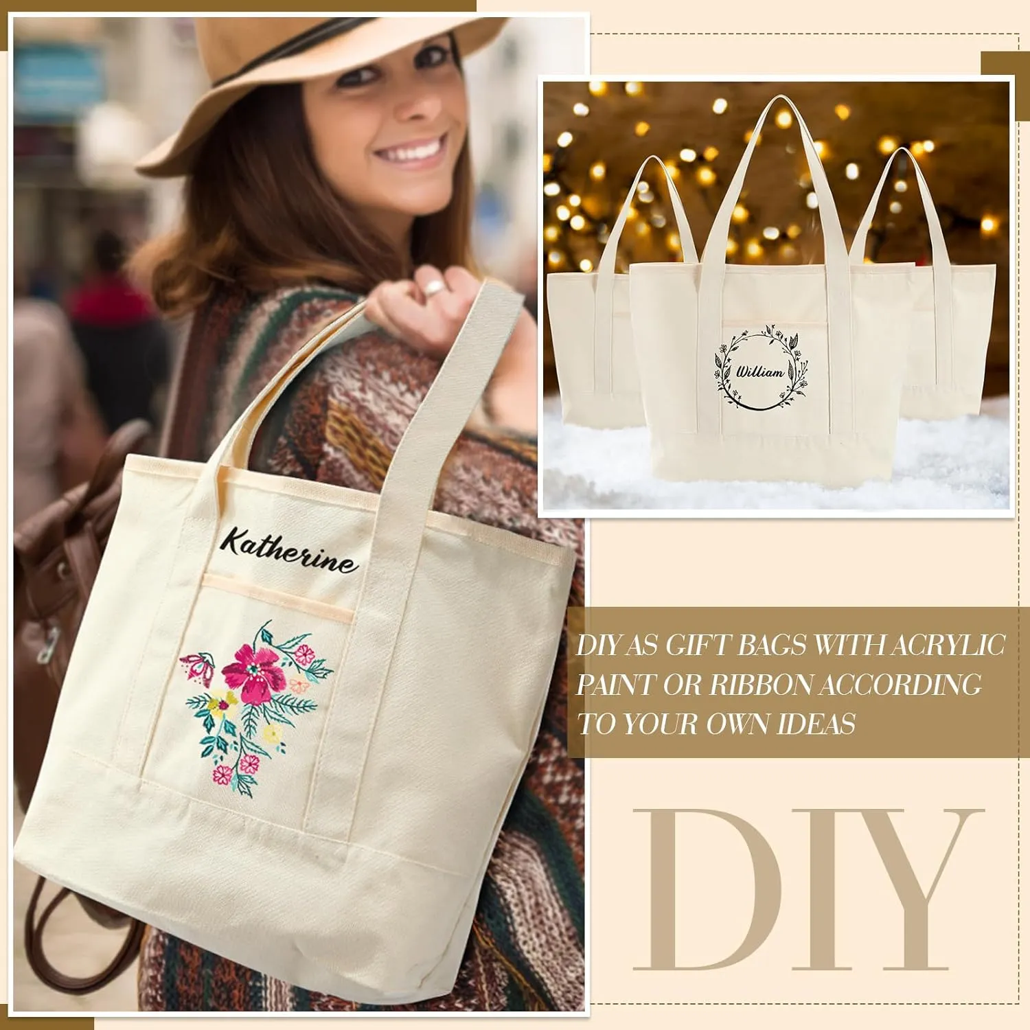 Reginary 16 Pcs Canvas Tote Bags Bulk with Outer Pocket 18 Inch Reusable Shopping Grocery Blank Tote Bag for Women Mother DIY