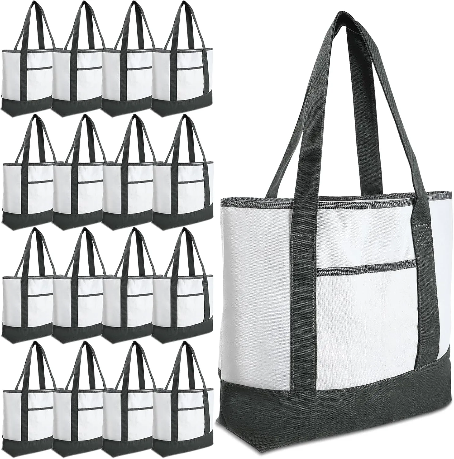 Reginary 16 Pcs Canvas Tote Bags Bulk with Outer Pocket 18 Inch Reusable Shopping Grocery Blank Tote Bag for Women Mother DIY