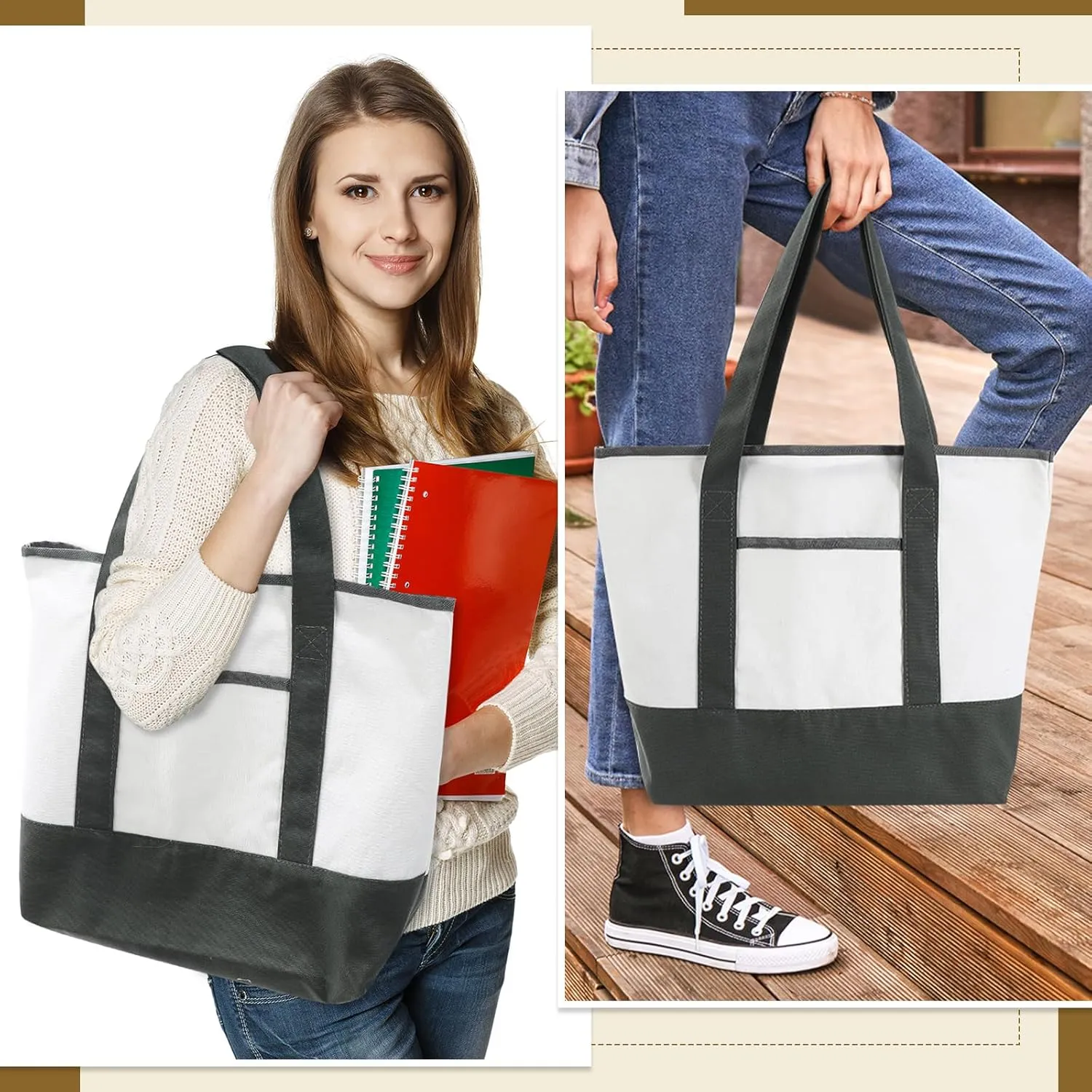 Reginary 16 Pcs Canvas Tote Bags Bulk with Outer Pocket 18 Inch Reusable Shopping Grocery Blank Tote Bag for Women Mother DIY