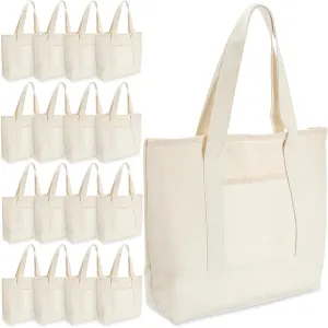 Reginary 16 Pcs Canvas Tote Bags Bulk with Outer Pocket 18 Inch Reusable Shopping Grocery Blank Tote Bag for Women Mother DIY