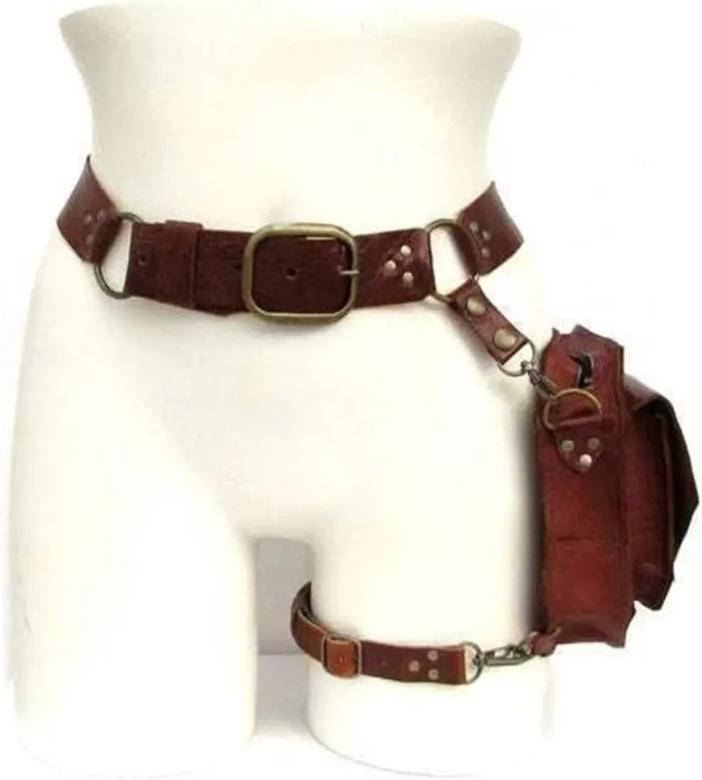 Renaissance Medieval Belt Satchel Pouch Bag Fanny Pack Gothic PU Leather Crossbody Messenger Bags Thigh Leg Hip Holster Purse Hiking Sport Chain Bags for Women Men (Brown)