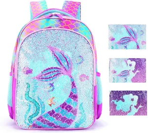 Reversible Sequin School Backpack Lightweight Little Kid Book Bag for Preschool Kindergarten Elementary(15", Mermaid)