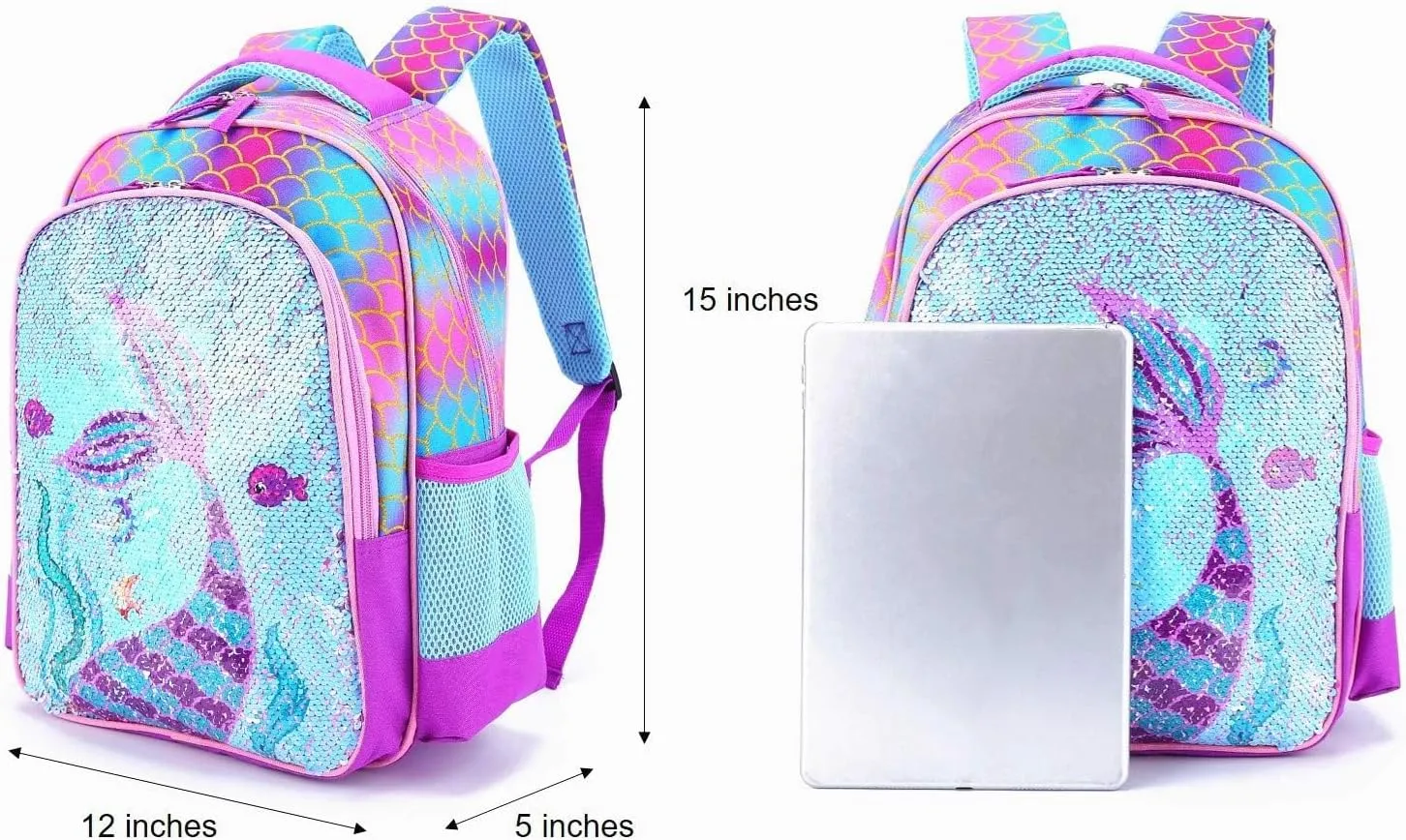 Reversible Sequin School Backpack Lightweight Little Kid Book Bag for Preschool Kindergarten Elementary(15", Mermaid)