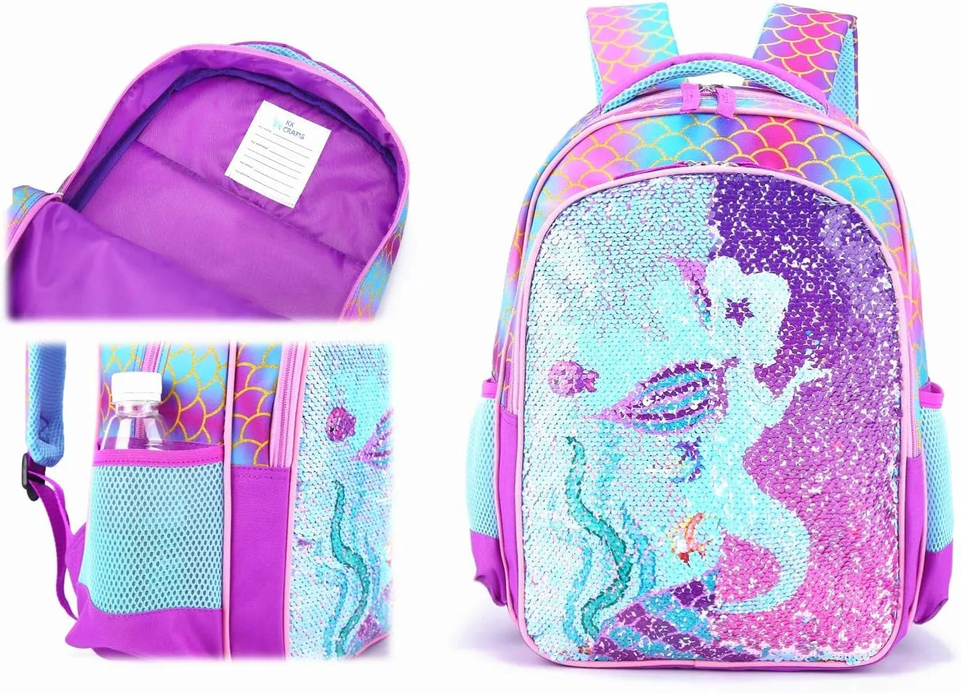 Reversible Sequin School Backpack Lightweight Little Kid Book Bag for Preschool Kindergarten Elementary(15", Mermaid)