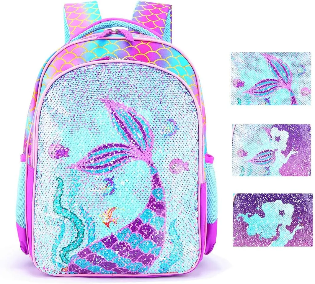 Reversible Sequin School Backpack Lightweight Little Kid Book Bag for Preschool Kindergarten Elementary(15", Mermaid)