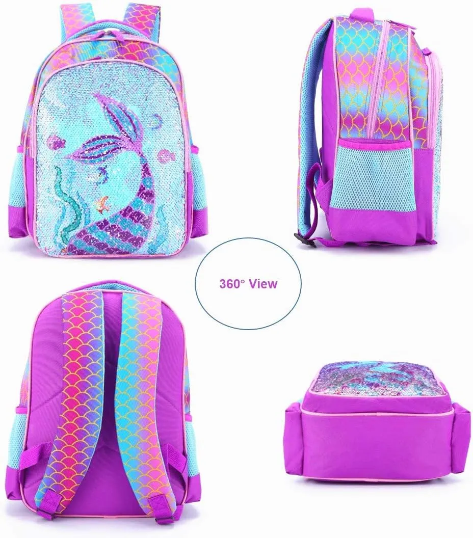 Reversible Sequin School Backpack Lightweight Little Kid Book Bag for Preschool Kindergarten Elementary(15", Mermaid)