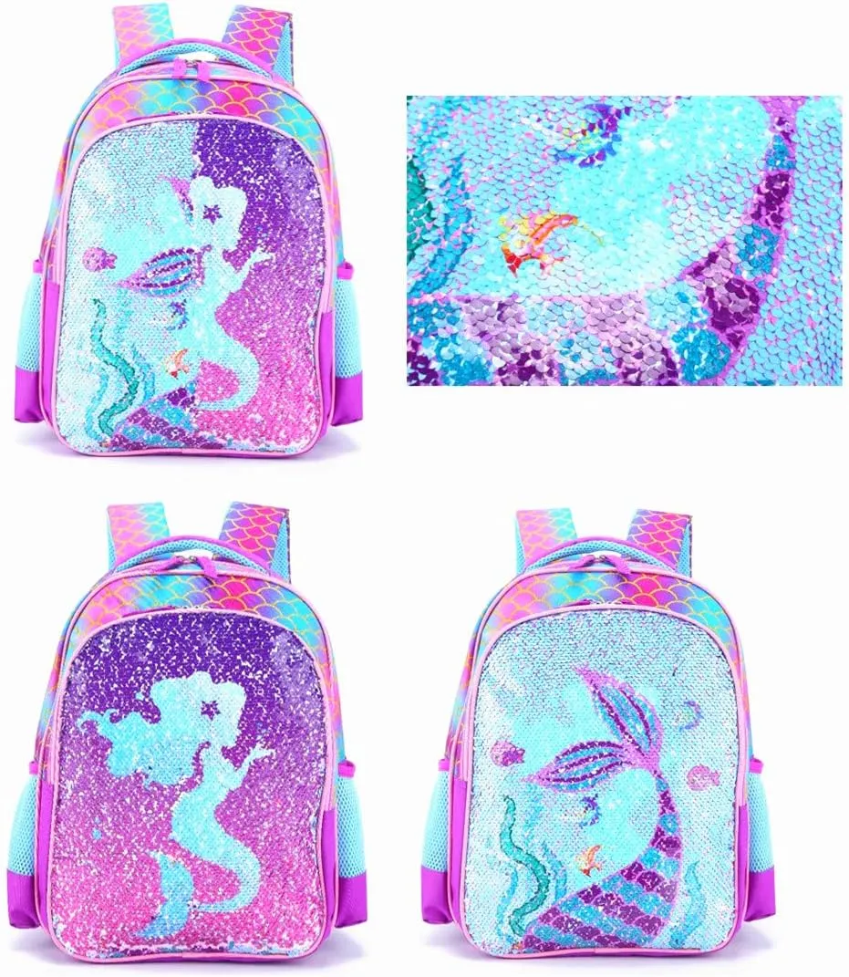 Reversible Sequin School Backpack Lightweight Little Kid Book Bag for Preschool Kindergarten Elementary(15", Mermaid)