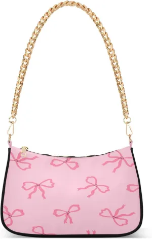 Ribbon Pink Bows Womens Shoulder Bag for Women Girls Hobo Tote Handbag Gold Chain Crossbody Bag with Zipper Clutch Purse Handbags