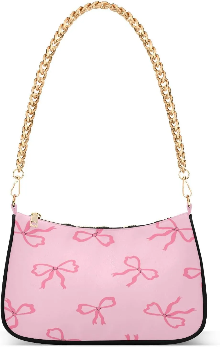 Ribbon Pink Bows Womens Shoulder Bag for Women Girls Hobo Tote Handbag Gold Chain Crossbody Bag with Zipper Clutch Purse Handbags