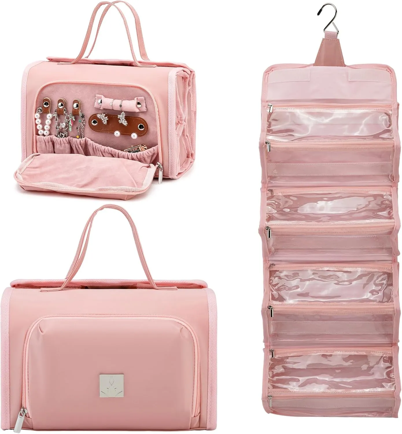 Roll Up Makeup Bag, Waterproof Toiletry Bag for Women, Hanging Travel Organizer bags with Jewelry Organizer Compartment, Extra Large 4 Clear TSA Approved Pouches Cosmetic Makeup (light red)