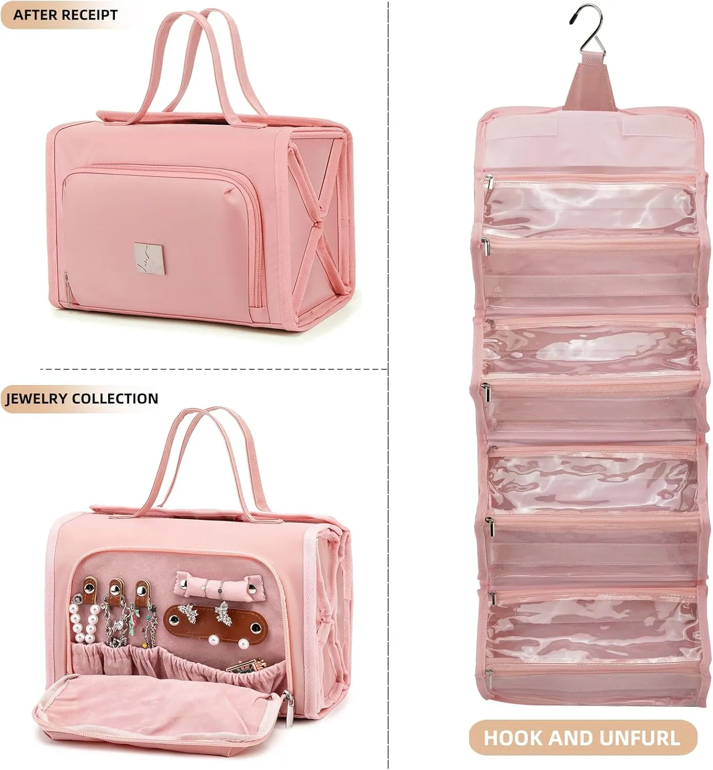 Roll Up Makeup Bag, Waterproof Toiletry Bag for Women, Hanging Travel Organizer bags with Jewelry Organizer Compartment, Extra Large 4 Clear TSA Approved Pouches Cosmetic Makeup (light red)