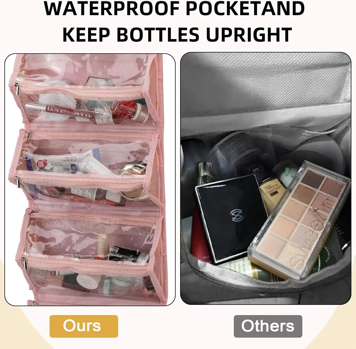 Roll Up Makeup Bag, Waterproof Toiletry Bag for Women, Hanging Travel Organizer bags with Jewelry Organizer Compartment, Extra Large 4 Clear TSA Approved Pouches Cosmetic Makeup (light red)