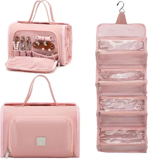 Roll Up Makeup Bag, Waterproof Toiletry Bag for Women, Hanging Travel Organizer bags with Jewelry Organizer Compartment, Extra Large 4 Clear TSA Approved Pouches Cosmetic Makeup (light red)