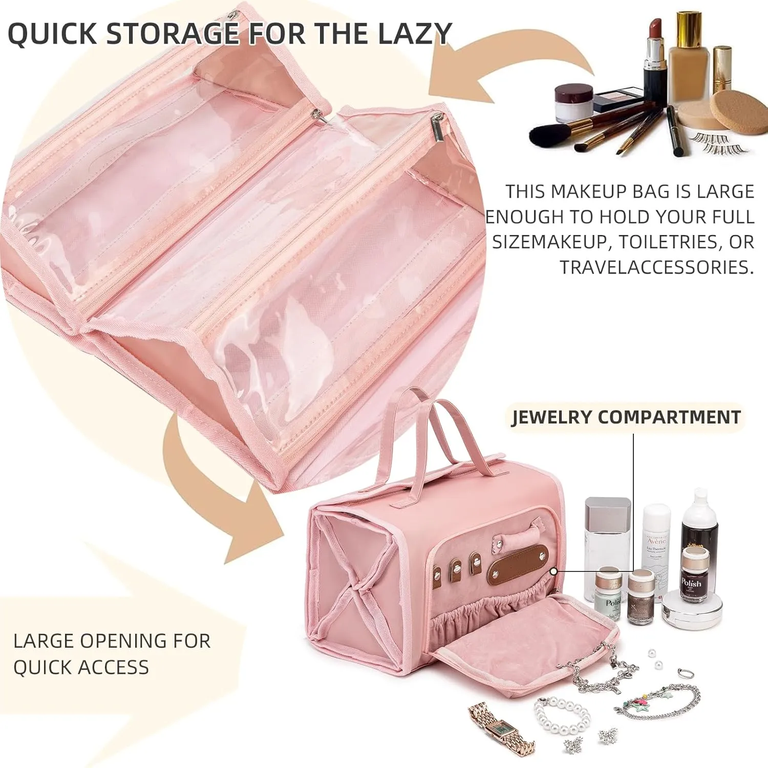 Roll Up Makeup Bag, Waterproof Toiletry Bag for Women, Hanging Travel Organizer bags with Jewelry Organizer Compartment, Extra Large 4 Clear TSA Approved Pouches Cosmetic Makeup (light red)