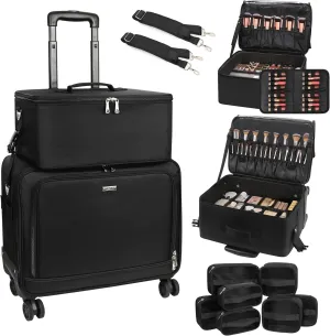 Rolling Makeup Bag Professional Makeup Artist Bags 2 in 1 Cosmetics Case Extra Large Trolley Travel Case with 360° Swivel Wheels and Adjustable Dividers