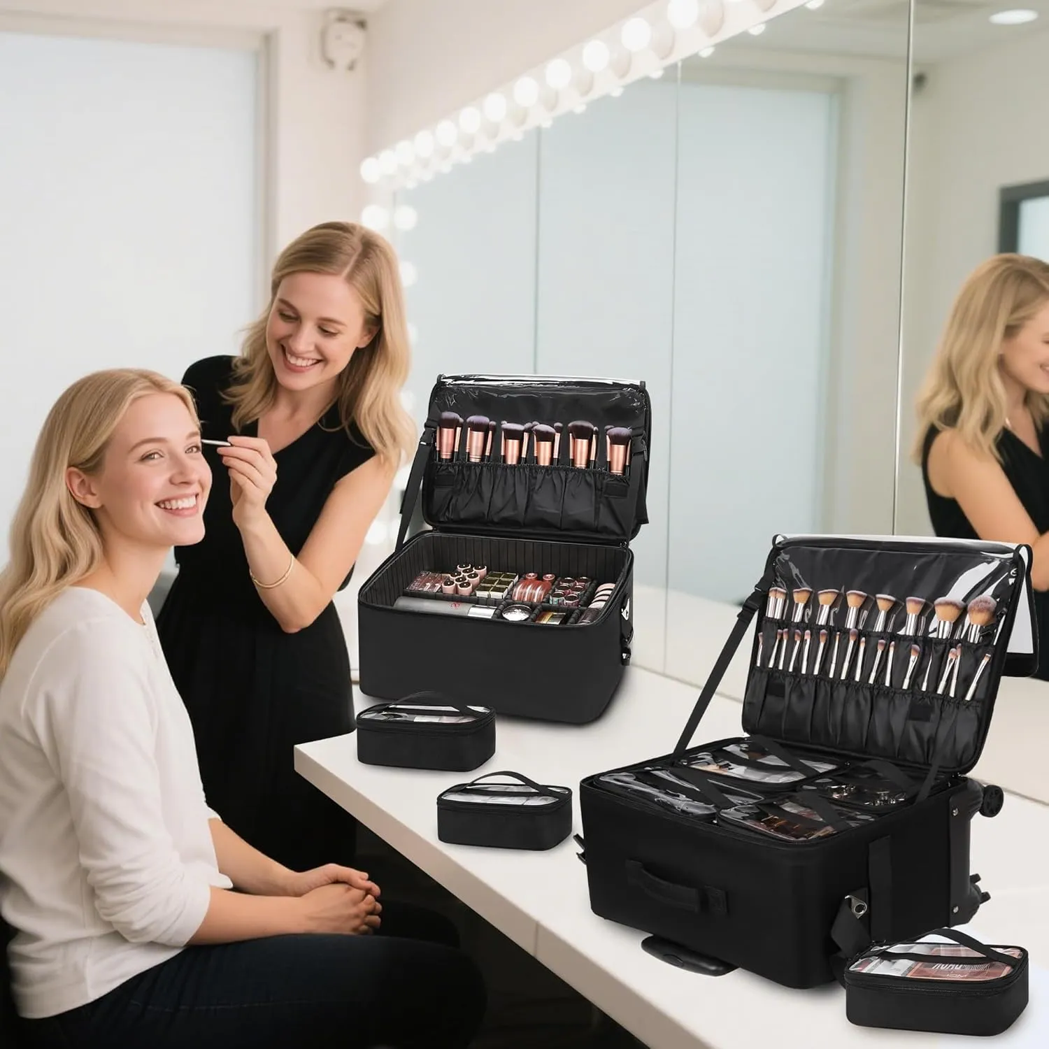 Rolling Makeup Bag Professional Makeup Artist Bags 2 in 1 Cosmetics Case Extra Large Trolley Travel Case with 360° Swivel Wheels and Adjustable Dividers