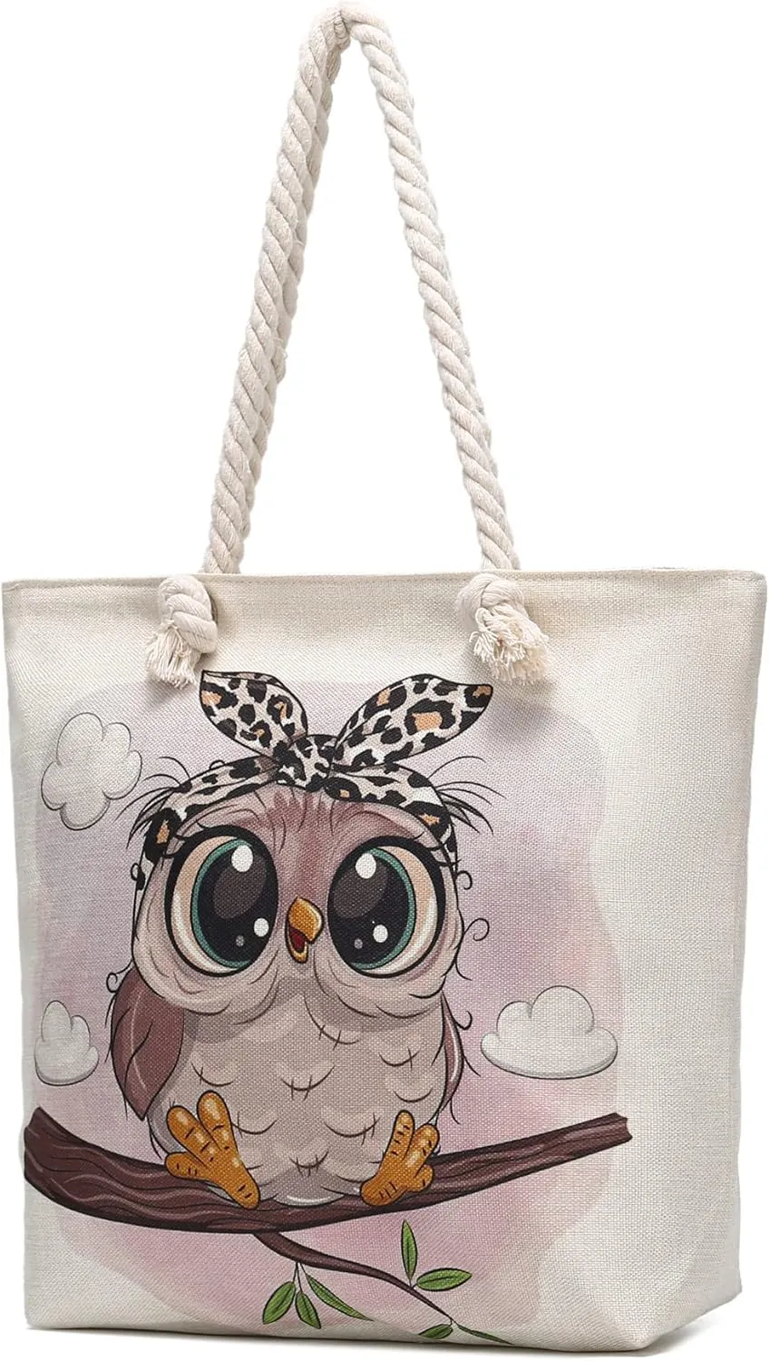 Rope Handle Tote Bags Large Tote Bag with Rope Handles Sturdy Canvas Reusable Grocery Shopping Bags Tote Bag Beach Bag (Cute Owl)