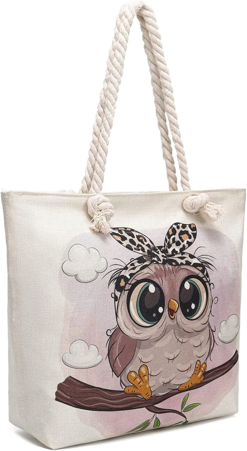 Rope Handle Tote Bags Large Tote Bag with Rope Handles Sturdy Canvas Reusable Grocery Shopping Bags Tote Bag Beach Bag (Cute Owl)