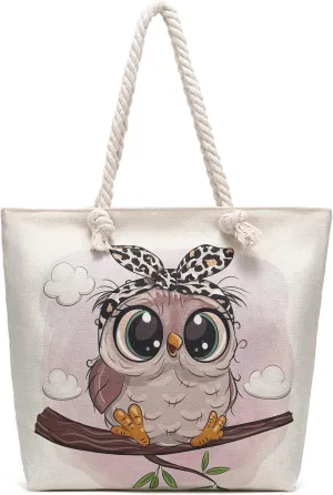 Rope Handle Tote Bags Large Tote Bag with Rope Handles Sturdy Canvas Reusable Grocery Shopping Bags Tote Bag Beach Bag (Cute Owl)