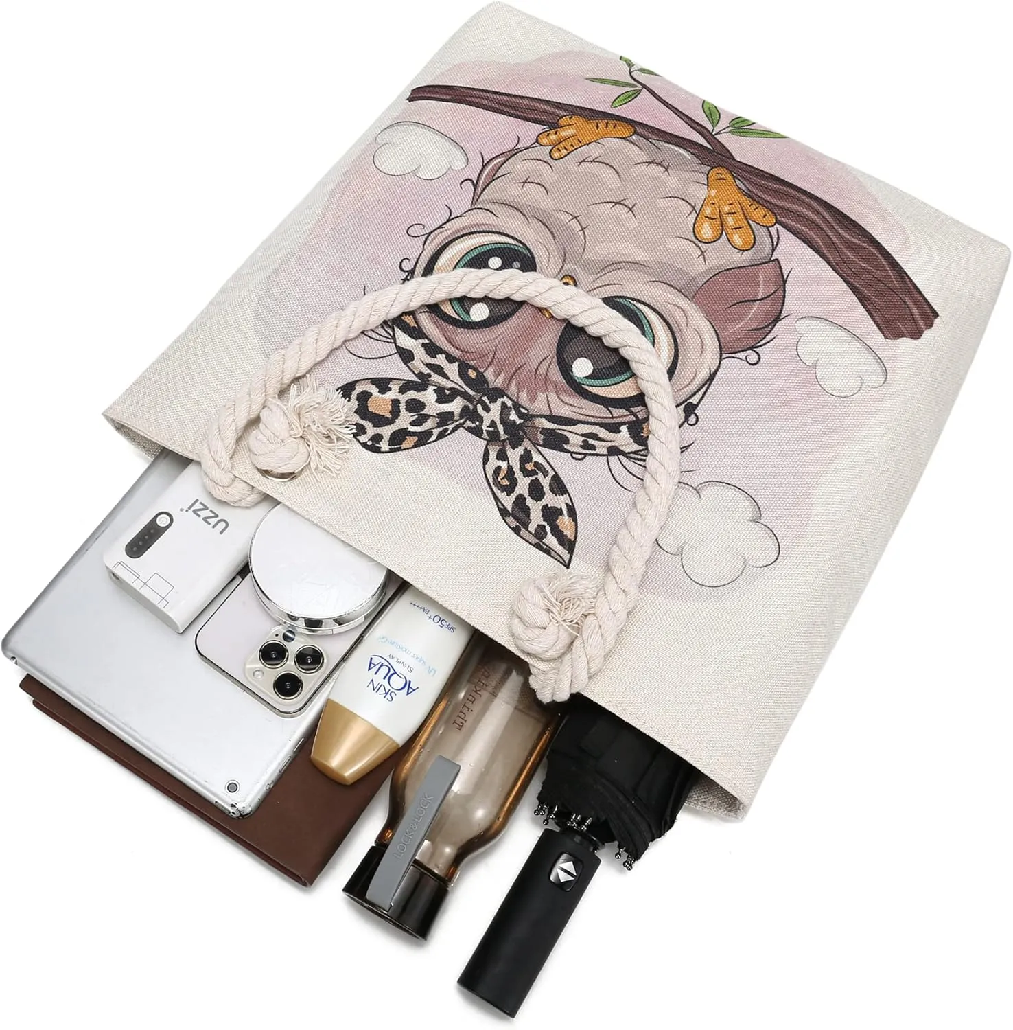 Rope Handle Tote Bags Large Tote Bag with Rope Handles Sturdy Canvas Reusable Grocery Shopping Bags Tote Bag Beach Bag (Cute Owl)